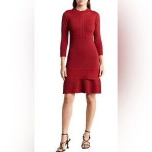 Nanette Lepore Red Shimmer Long Sleeve Knit Dress